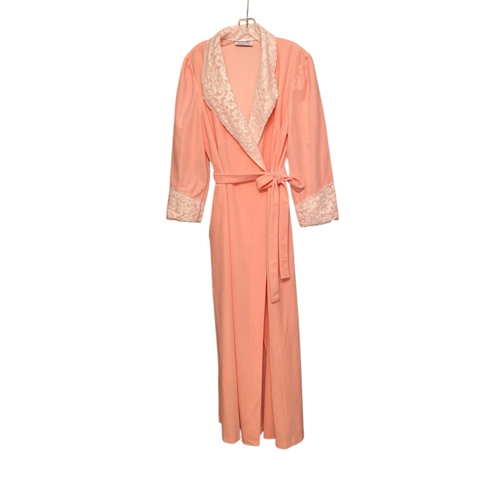 Vintage Vanity Fair Belted Large Robe Peach White Lace Trim House Coat Lounging